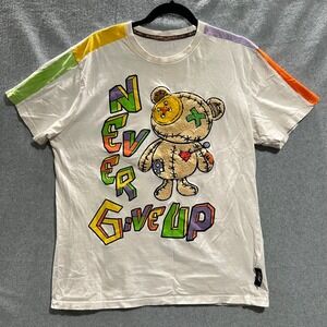 Switch Mens Never Give Up Stitched Teddy Bear Graphic T-Shirt White L Streetwear